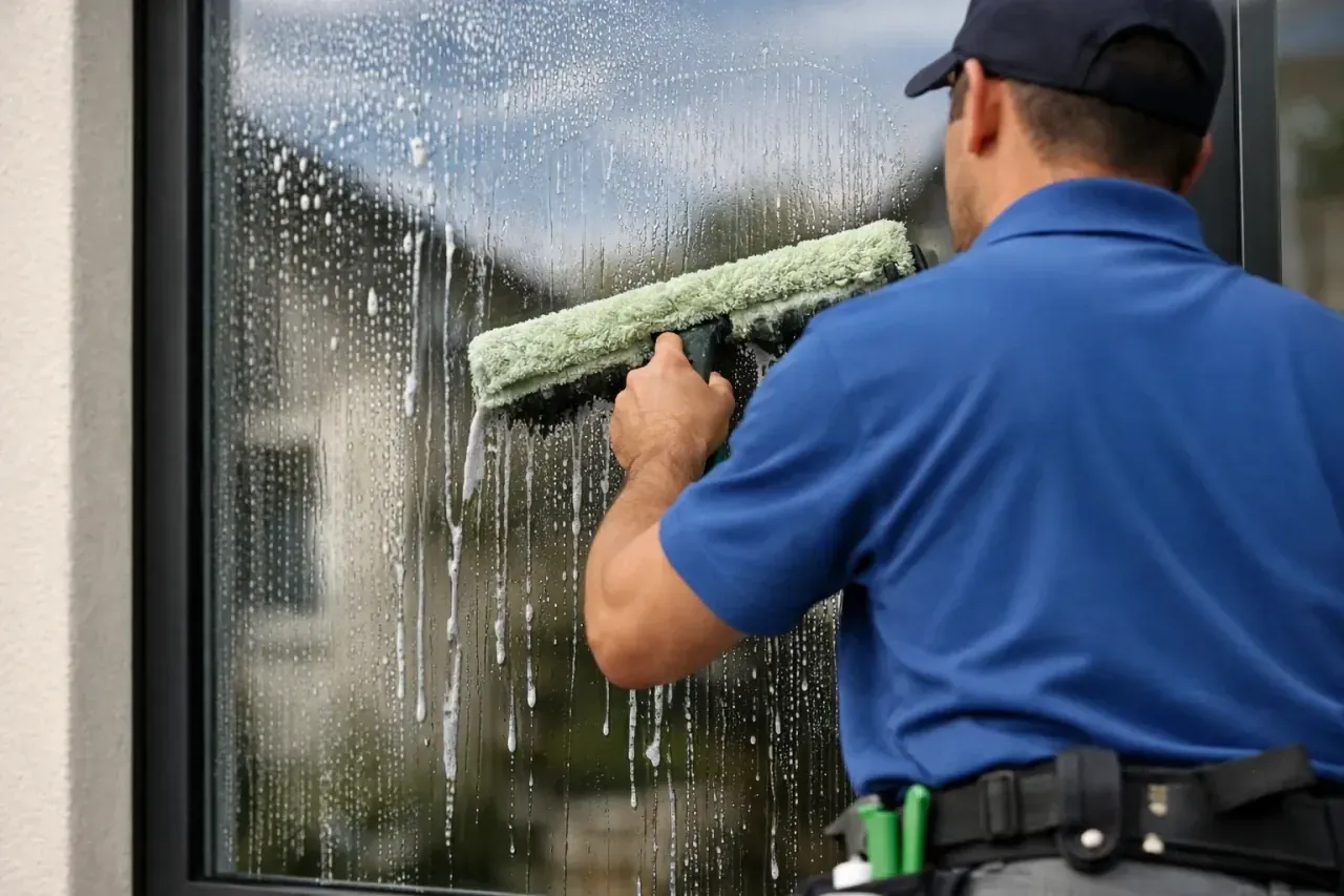Gründliche Reinigung einer Fensterscheibe mit einem Einwascher